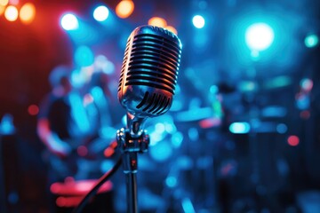 Poster - A microphone sits on its stand on the stage, ready for use by a band.
