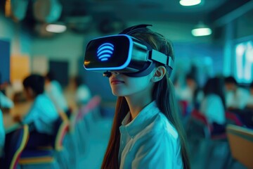 Poster - A student or teacher wearing a virtual reality headset in a traditional classroom setting, possibly for educational purposes.