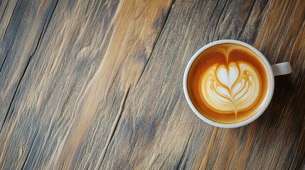 Wall Mural - A a white cup of coffee top view on a wooden table