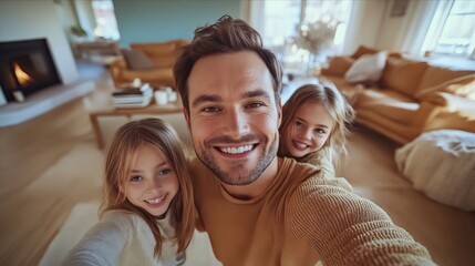 A man and two young girls taking a selfie in a living room