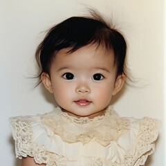 Sticker - A baby girl in a white dress looking at the camera