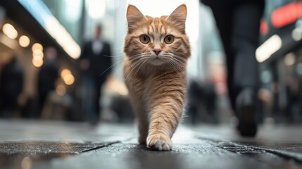 A striking orange tabby cat struts confidently along a bustling city street, capturing the essence of feline poise and independence amidst an urban landscape.