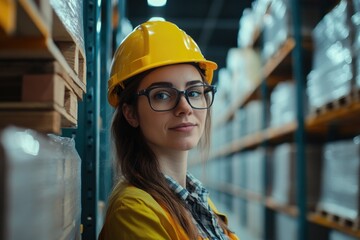 Poster - A woman in a warehouse, wearing a hard hat and glasses, going about her work.