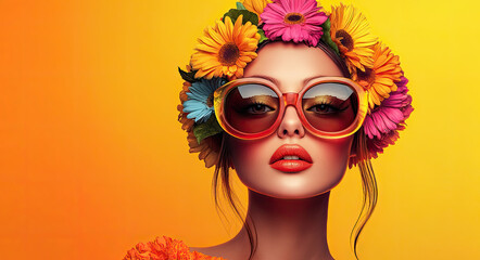 Canvas Print - A vibrant digital artwork featuring an enchanting woman with colorful flowers in her hair, wearing oversized sunglasses and posing for the camera against a bright orange background.