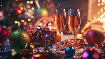 Poster - Two champagne glasses placed on a table, ready for a celebration.