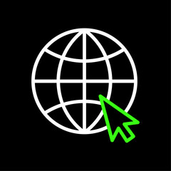 Fototapete - Go to web, Visit our website, World globe with arrow cursor symbol vector icon in line style design for website, app, UI, isolated on black background. Editable stroke. Vector illustration.