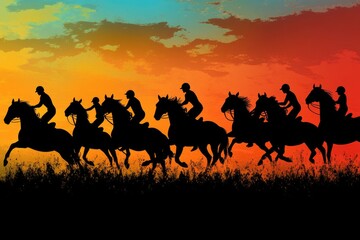 Aufkleber - A group of people riding on the backs of horses, great for outdoor adventure or travel imagery.