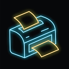 Poster - Glowing neon line printer icon isolated on black background. Vector illustration