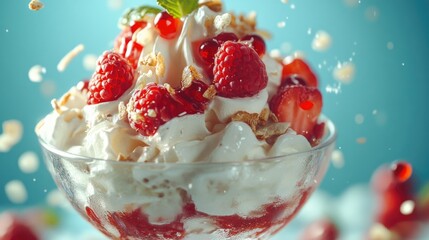 Canvas Print - Fresh whipped cream and juicy strawberries in a glass bowl.