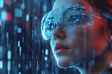 Aufkleber - a woman wearing futuristic-looking glasses, possibly with augmented reality or technology features.