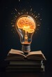 © Giuseppe Cammino - Creative concept of a glowing brain in a light bulb, resting on a book, symbolizing inspiration and the power of learning through reading