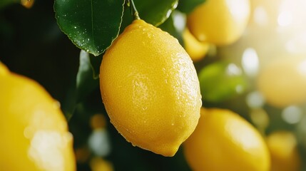 Sticker - Sunlight bathes fresh, dewy lemons hanging on a branch, highlighting their vibrant color and fresh aromatic appeal, symbolizing vitality and abundance of nature.