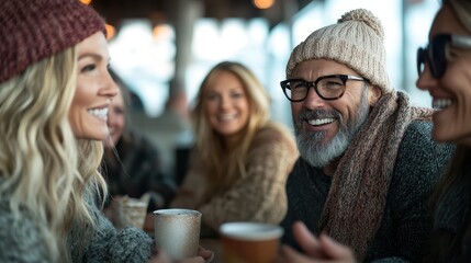 A cheerful man wearing a beanie and scarf smiles while enjoying warm drinks with friends at a cozy winter gathering, capturing a moment of joy and camaraderie.