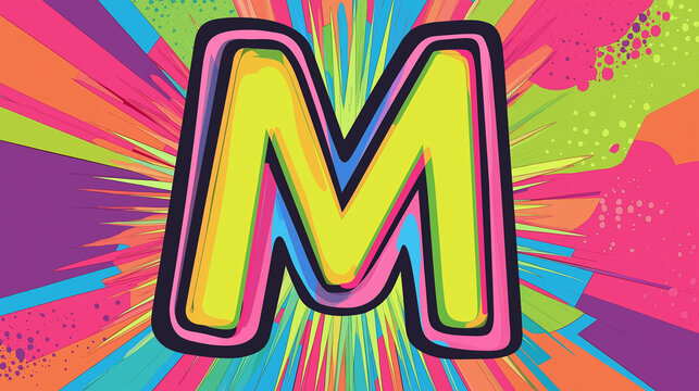 Pop art Alphabet letter M. Colorful background in pop art retro comic style.