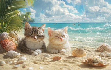 A cute cat couple relaxing at a beach resort, sitting playfully on the sand, accompanied by seashells and tropical waves gently lapping the shore. 