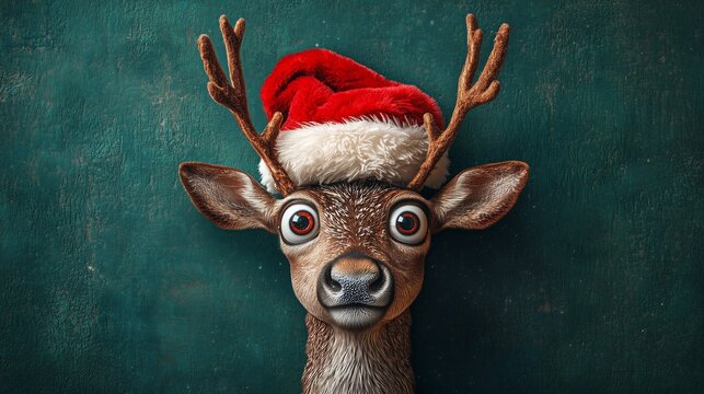 Reindeer with Santa hat on green mock up Christmas background 3D Rendering, 3D Illustration