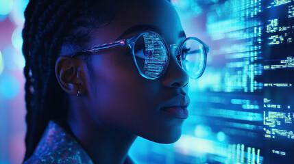 Black woman immersed in digital world, code reflecting in glasses