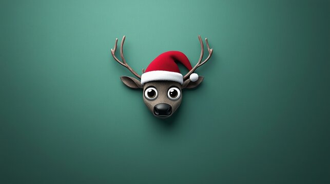 Reindeer with Santa hat on green mock up Christmas background 3D Rendering, 3D Illustration