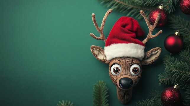 Reindeer with Santa hat on green mock up Christmas background 3D Rendering, 3D Illustration