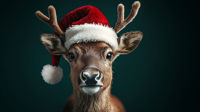 Reindeer with Santa hat on green mock up Christmas background 3D Rendering, 3D Illustration