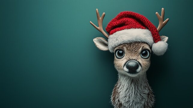 Reindeer with Santa hat on green mock up Christmas background 3D Rendering, 3D Illustration