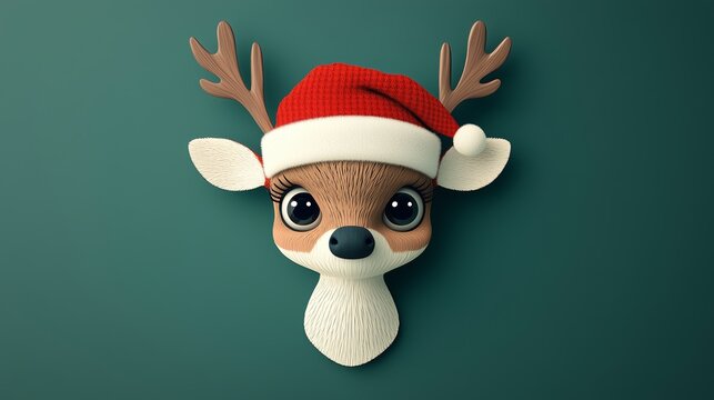Reindeer with Santa hat on green mock up Christmas background 3D Rendering, 3D Illustration