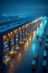 Leinwandbilder - A large warehouse facility illuminated at night,