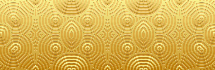 banner, ethnic cover design. geometric gold 3d pattern on gold background, embossing. exotic handwor