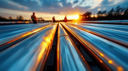 Pipeline workers in high-visibility outfits examine the large steel pipes that stretch into the horizon, beautifully reflecting the vibrant orange of the sunset sky.