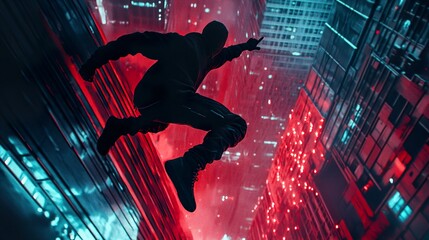 Canvas Print - Silhouette of a Person Jumping off a Building in a City at Night