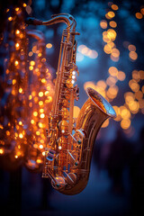 Poster - A set of golden saxophones in a jazz club,
