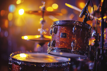 Poster - A traditional drum set on stage,