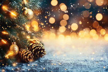 Canvas Print - Christmas tree adorned with sparkling lights, dusted with snow in a serene winter setting.