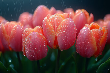 Poster - Gentle spring rain falls on a vibrant field of blooming tulips,