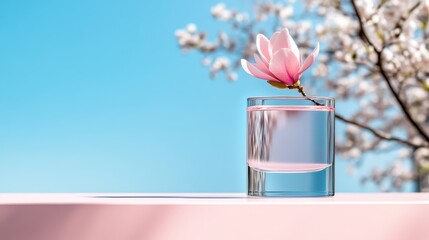 A delicate flower set in a glass bowl against a vibrant blue sky background, symbolizing simplicity and natural beauty, perfect for artistic or serene themes.