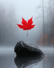 Poster - A single red leaf suspended in mid-air as it falls from a tree,