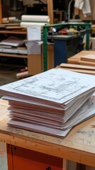 Poster - A stack of architectural blueprints on a wooden table in a workshop, showcasing detailed design plans and projects.