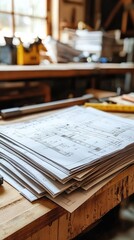 Poster - A stack of architectural blueprints on a wooden table, showcasing detailed designs and sketches in a workshop environment.