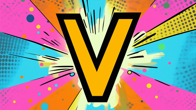 Pop art Alphabet letter V. Colorful background in pop art retro comic style.