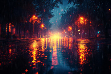 Poster - A stormy night with lightning reflecting off a rain-soaked road,