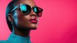 © svastix - A chic monochrome fashion portrait featuring a woman with striking blue highlights, elegant attire and sleek, modern sunglasses complementing a vivid backdrop.