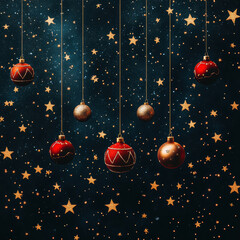 wallpaper, dark blue background with golden Christmas ornaments and red Christmas balls . AI generative.