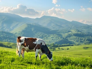 Wall Mural - Cow Grazing in Lush Green Field with Picturesque Mountain Range in Background