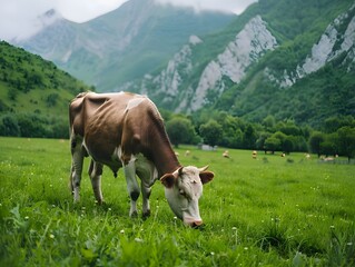 Canvas Print - Cow Grazing in Lush Green Field with Picturesque Mountain Range in the Background