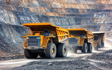 Heavy-duty trucks transporting materials in a mining site, showcasing industrial activity and earth-moving operations.