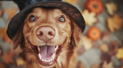 A happy dog with a joyful expression wears a hat while surrounded by vibrant autumn leaves and pumpkins, evoking a festive and warm seasonal vibe outdoors.