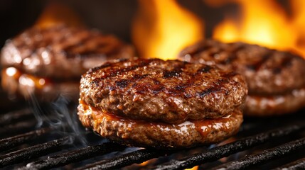 Three succulent beef patties are grilling over open flames, showcasing the appealing sight and sound of food cooked to perfection, rich in flavor and juiciness.