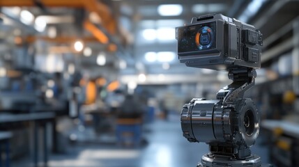 Poster - A robotic camera setup in an industrial workspace, showcasing advanced technology.