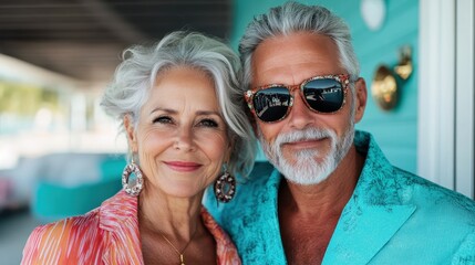 A sophisticated older couple poses gracefully, exuding elegance and warmth in their stylish summer clothing, with vibrant turquoise and coral details.