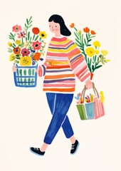 Wall Mural - A cartoon cat holding a bunch of flowers shopping painting walking.